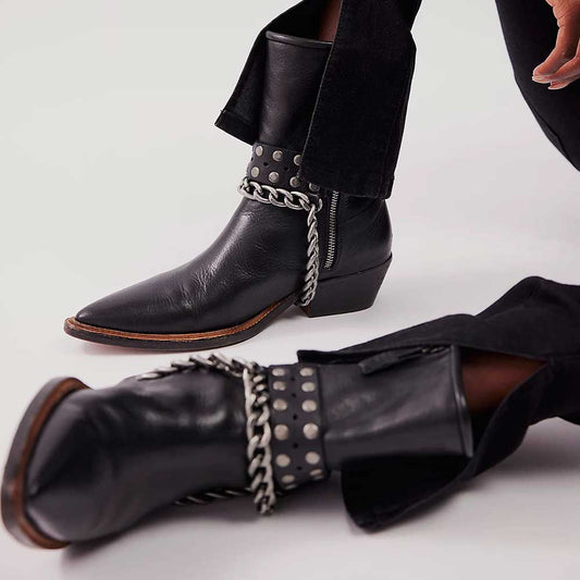 Black Chain Studs Pointed Toe Chunky Heeled Ankle Boots with Zipper