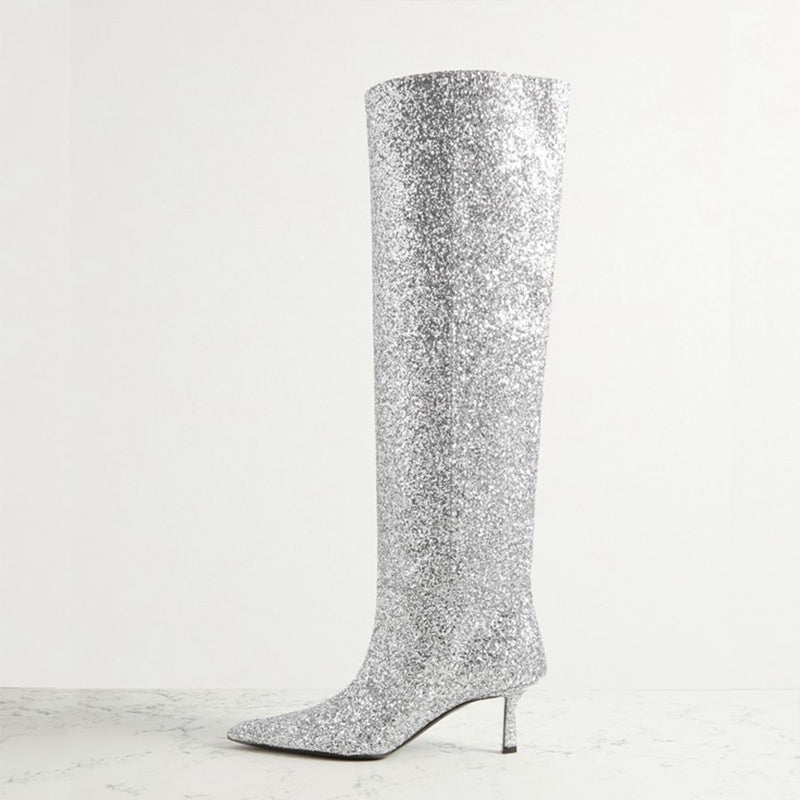 Silver Pointed Toe Elegant Kitten Heel Glitter Shoes Knee High Boots