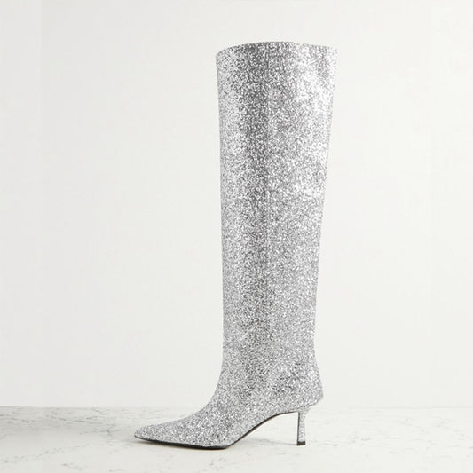 Silver Pointed Toe Elegant Kitten Heel Glitter Shoes Knee High Boots