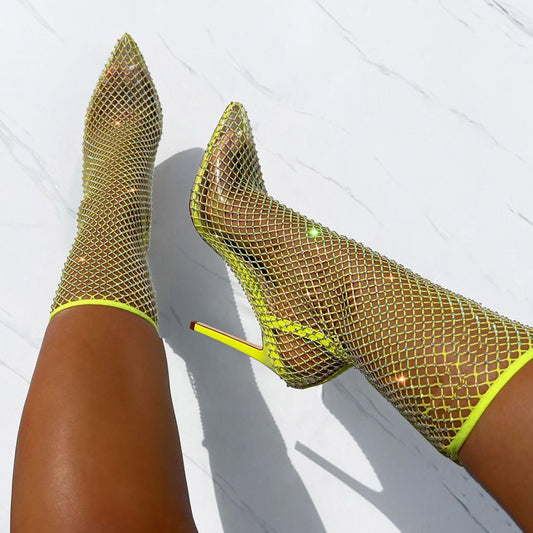 Yellow Rhinestone Mesh Pointed Toe Stiletto Heel Summer Boots