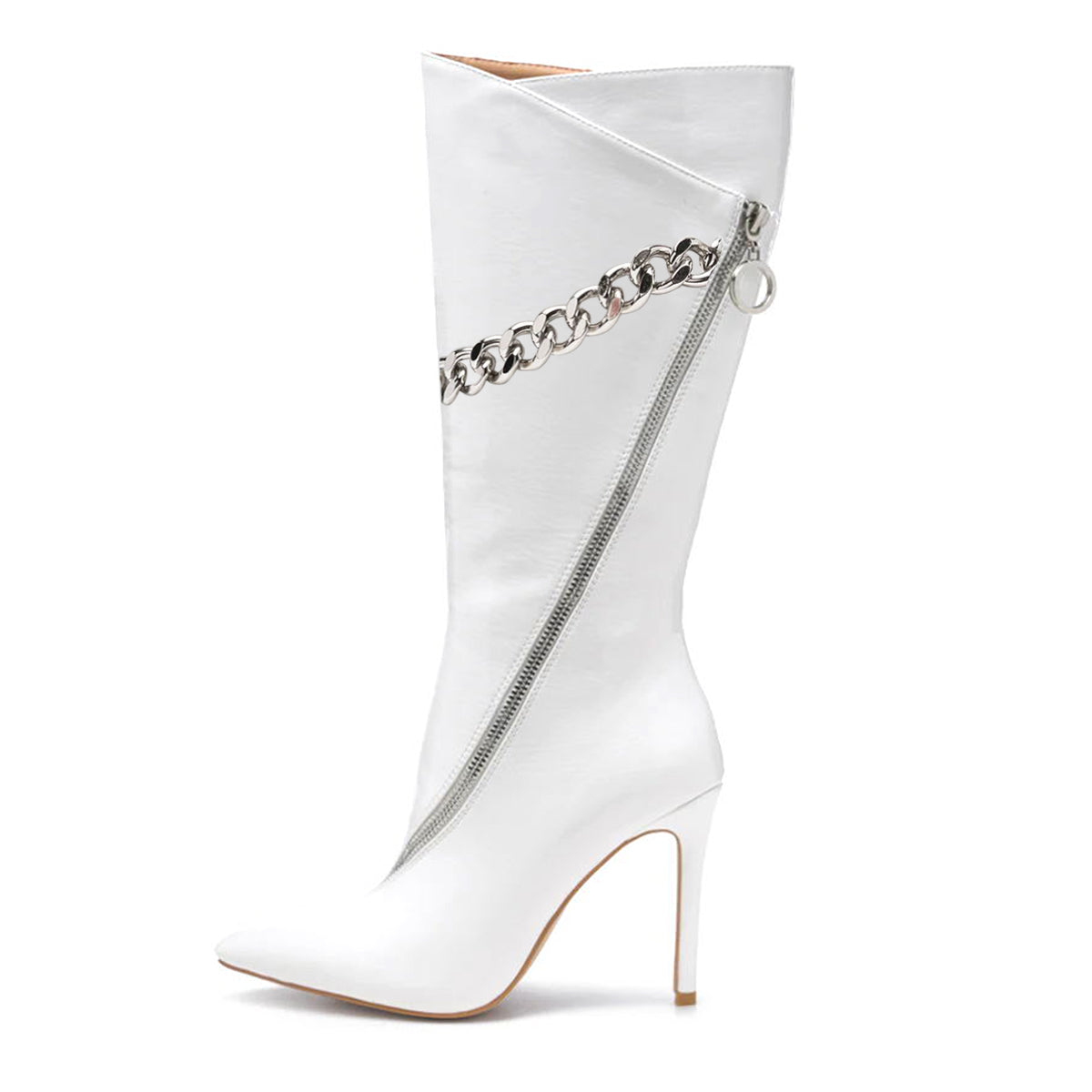 White Zipper Design Stiletto Mid Calf Boots with Chain Decor