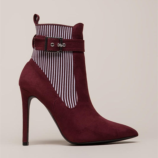 White Stripes Maroon Pointy Toe Stiletto Heel Buckle Ankle Boots