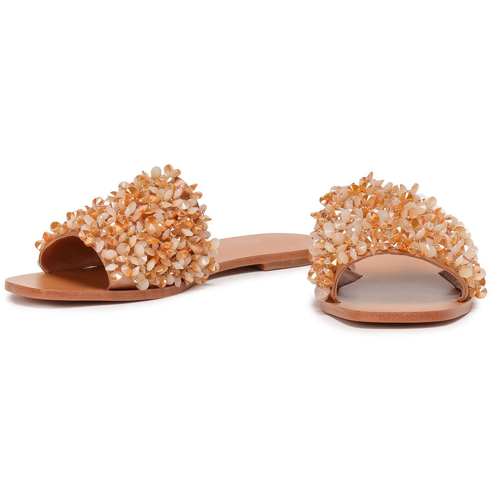 Tan Open Toe Flats Women's Slide Sandals