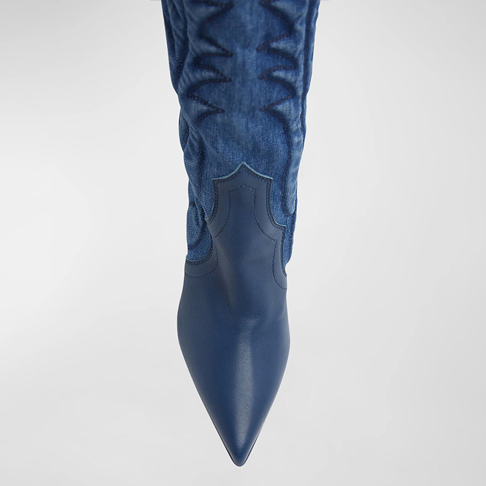Blue Denim Pointed Toe Stitch Detailing Chunky Heel Knee High Boots