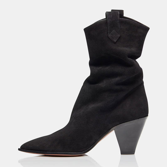 Black Vegan Suede Pointed Toe Cone Heel Slouch Cowgirl Boots