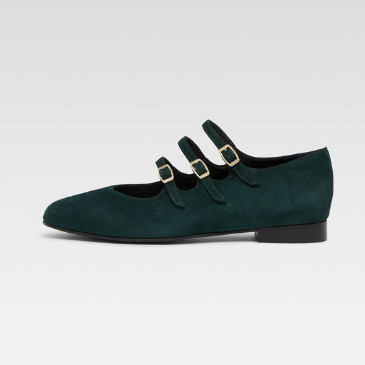 Dark Green Vegan Suede Square Toe Mary Jane Flats with Buckles