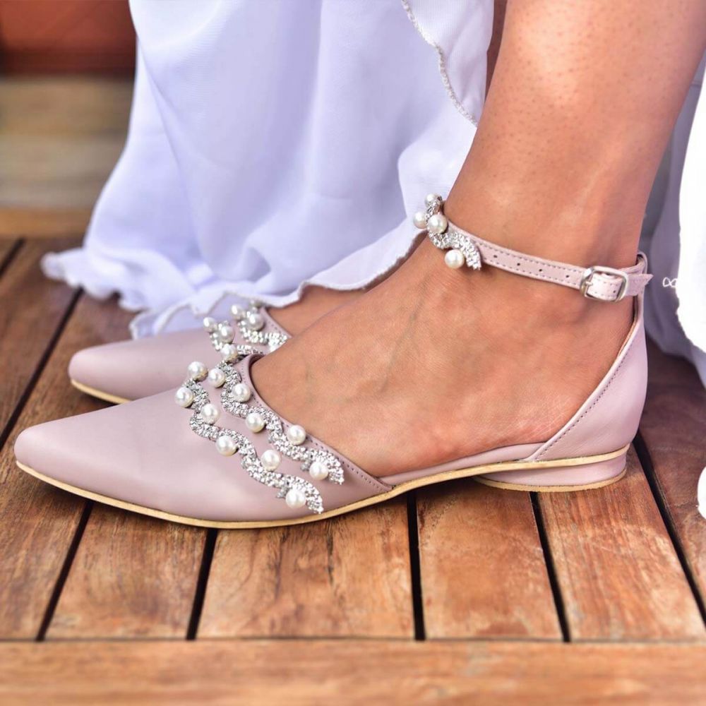 Light Pink Pointed Toe Pearl and Rhinestone Ankle Strap Flats