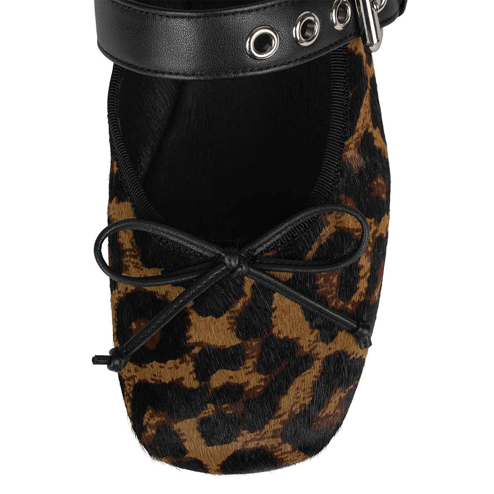 Leopard Print Square Toe Bow Studded Buckle Strap Ballet Flats
