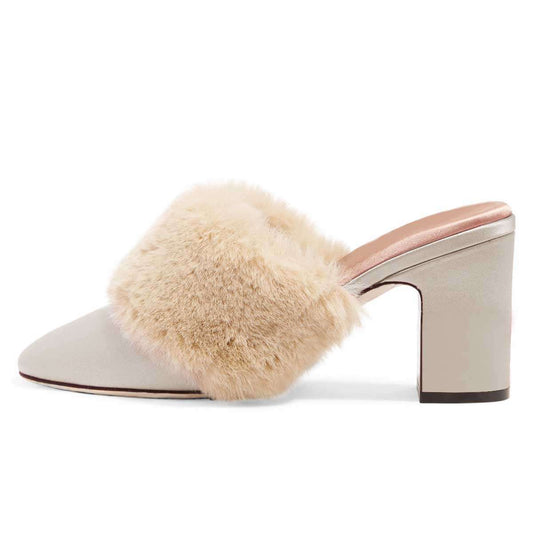Beige Satin Round Toe Chunky Heel Faux Fur Embellished Mules Shoes