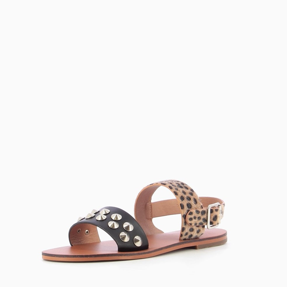 Black Vegan Suede Leopard Print Flats Studded Comfortable Sandals
