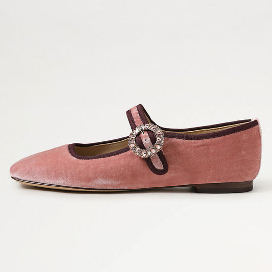 Pink Velvet Square Toe Rhinestone Buckled Strap Mary Jane Flats
