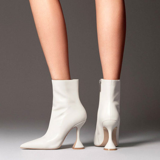 White Pointed Toe Flared Heel Fashion Ankle Boots for Women