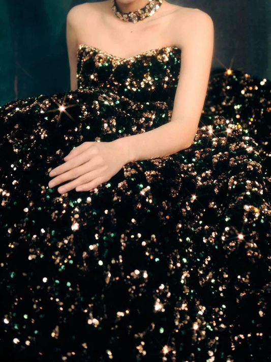 Ball Gown Sweetheart Black Sequin Long Evening Dress Prom Dresses Birthday Outfits cg26200