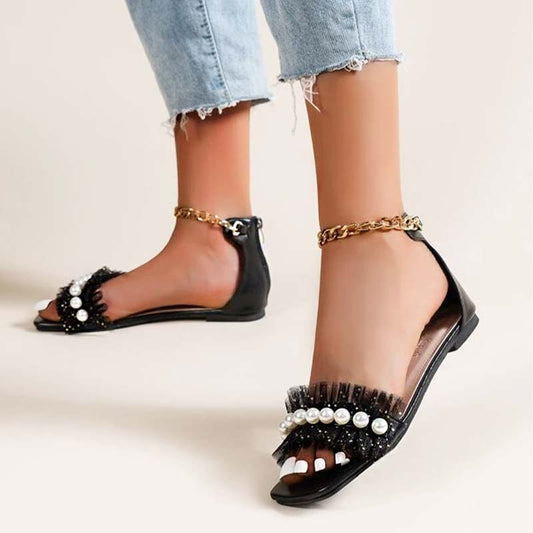 Women's Black Square Toe Flats Ruffle Ankle Strap Pearl Sandals