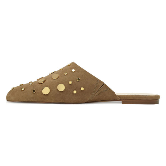 Khaki Round Toe Vegan Suede Mule Flats with Studs