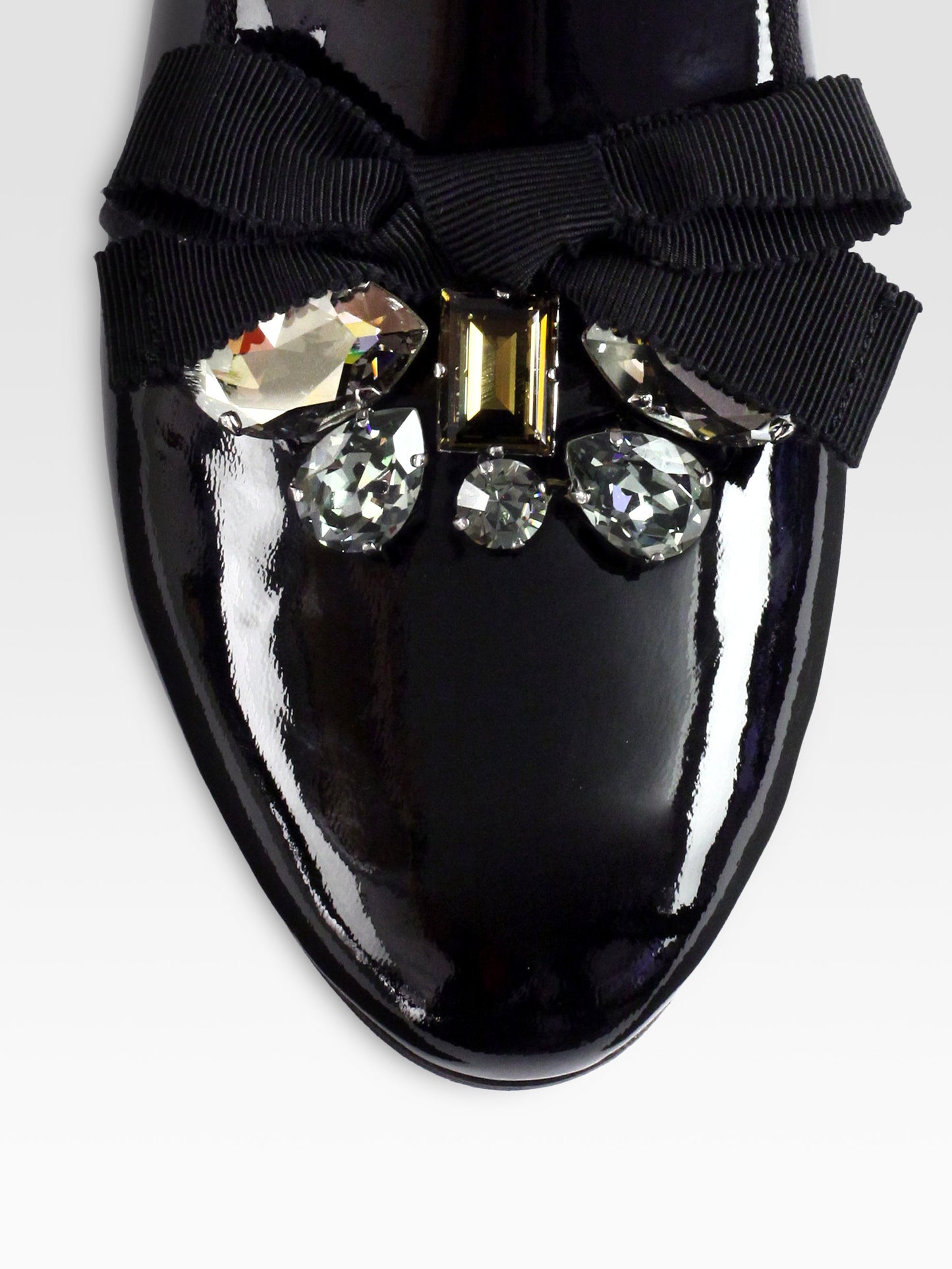 Black Patent Leather Crystal Bow Flats Women's Loafers
