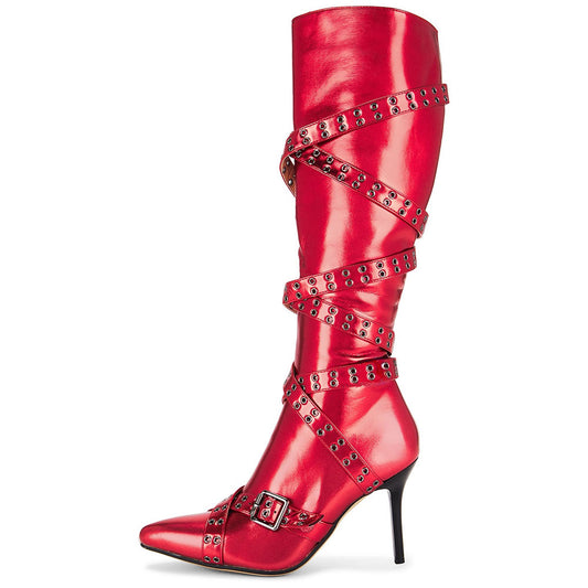 Red Pointed Toe Buckled Grommet Strap Stiletto Knee High Boots