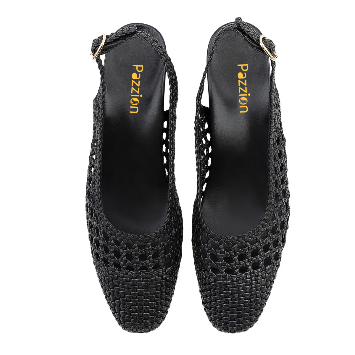 Black Woven Cut Out Square Toe Low Block Heel Buckled Slingback Pumps