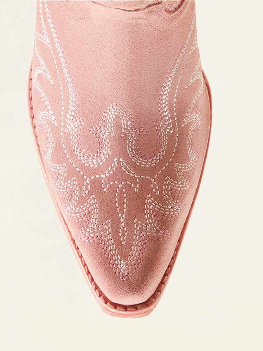 Women's Peach Faux Suede Snip Toe Embroidered Block Heel Cowgirl Ankle Boots