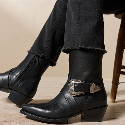 Black Criss-Cross Buckle Strap Snip Toe Chunky Heel Zipper Ankle Boots