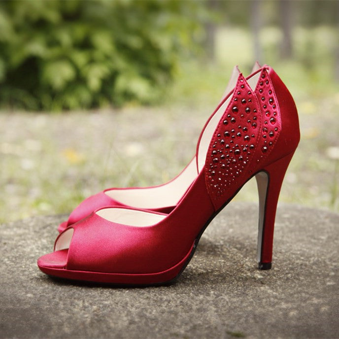 Red Satin Prom Shoes Peep Toe Rhinestone D'orsay Pumps for Women