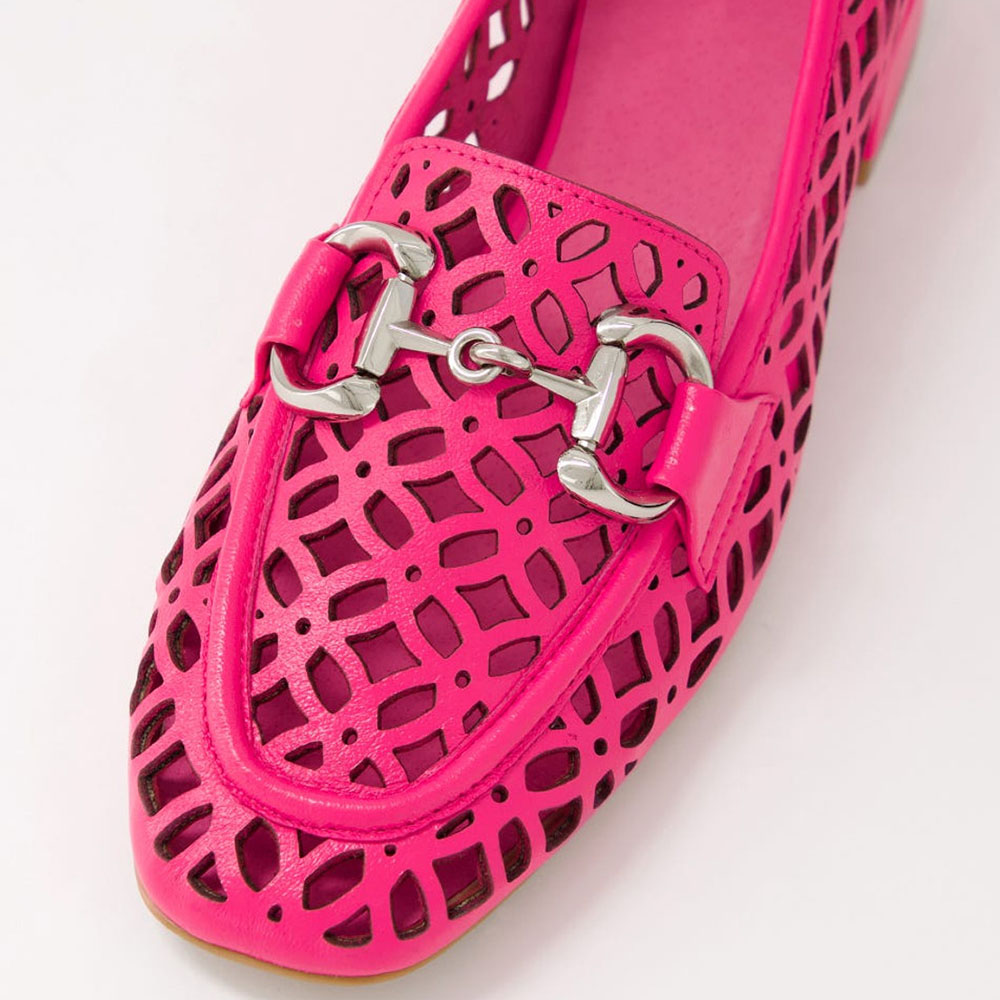 Hot Pink Square Toe Cutout Heeled Loafers with Horsebit