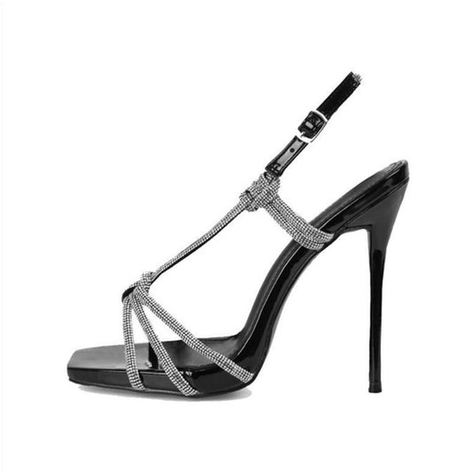 Black Square Toe Stiletto Heels Rhinestone Shoes Platform Sandals