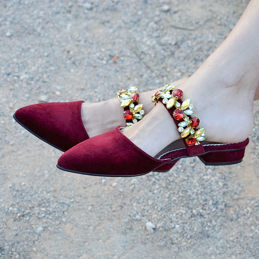 Women's Maroon Velvet Pointed Toe Flat Mules with Rhinestones Strap