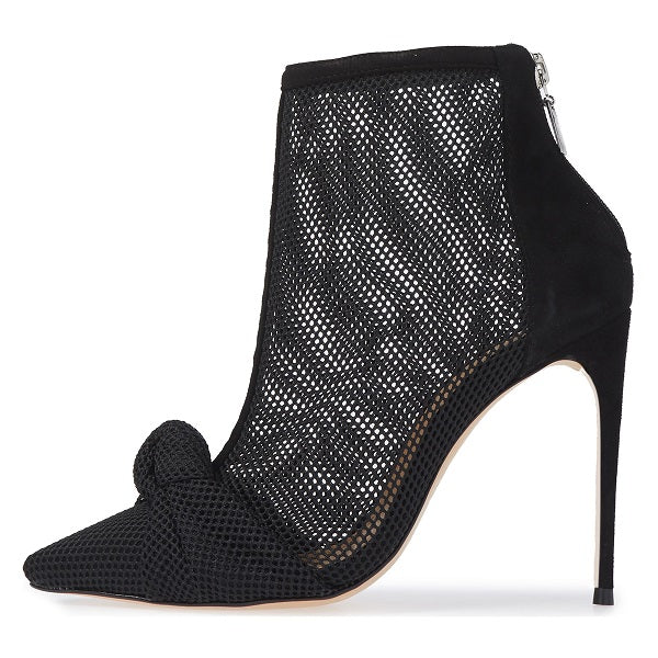 Black Nets Knotted Pointy Toe Stiletto Heel Ankle Boots