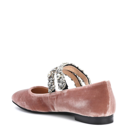 Blush Velvet Mary Jane Shoes Rhinestone Strap Square Toe Flats