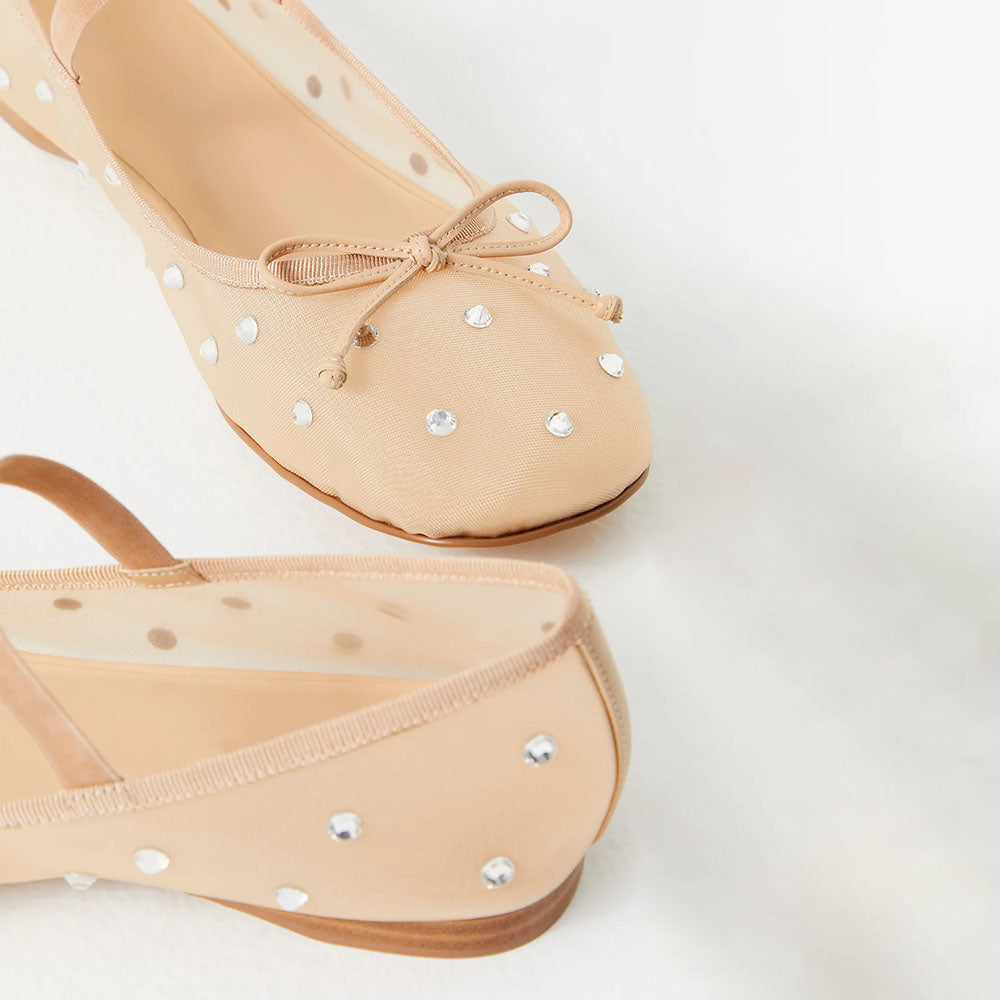 Beige Mesh Round Toe Shiny Mary Jane Ballet Flats