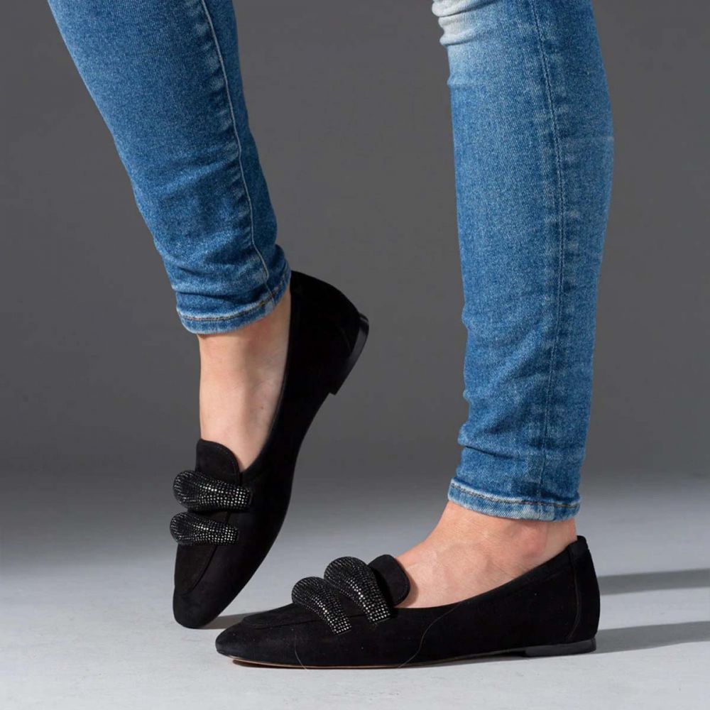 Black Vegan Suede Commuting Flats Rhinestone Accent Women's Loafers
