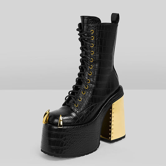 Black and Gold Croc Embossed Side Zipper Studded Platform Ankle Boots