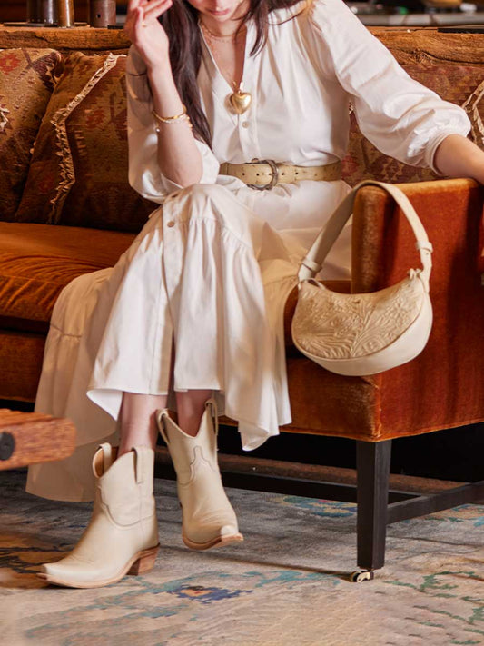 Beige Vegan Leather Snip Toe Block Heeled Cowgirl Ankle Boots