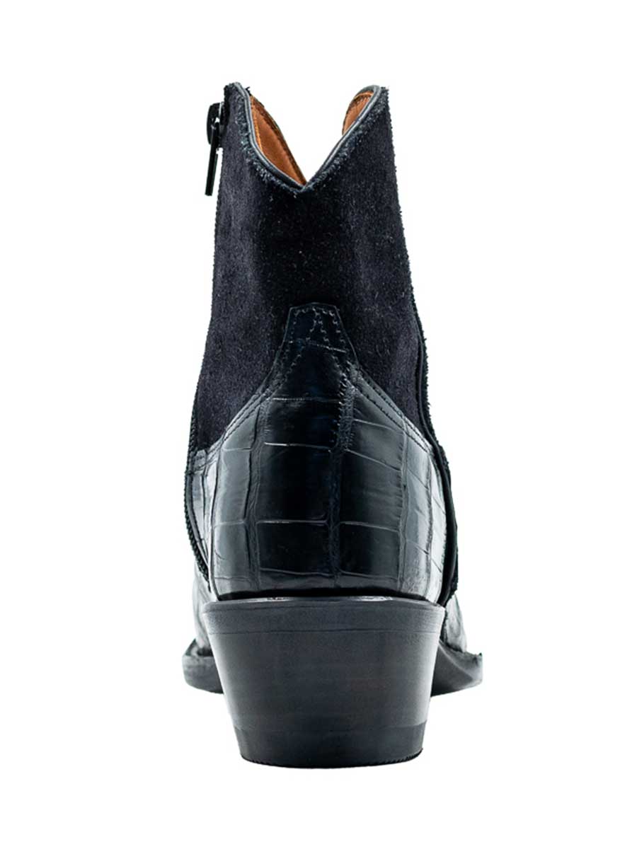 Black Croco Embossed Pointed Toe Chunky Heel Ankle Boots for Women