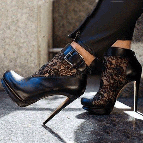 Women's Black Ankle Buckle Booties Lace Platform Stiletto Ankle Boots