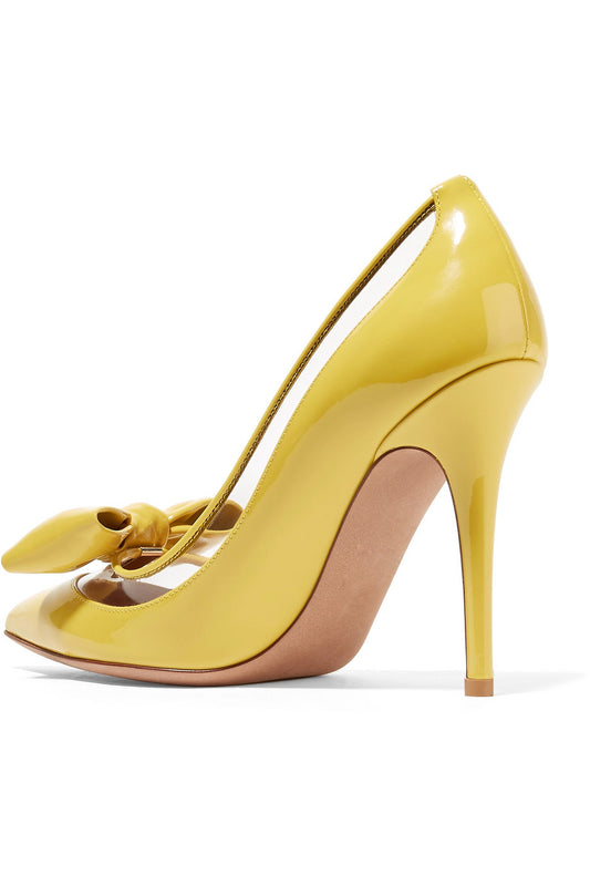 Yellow Patent Leather & PVC Patchwork Pointed Toe Bow Pumps Heels