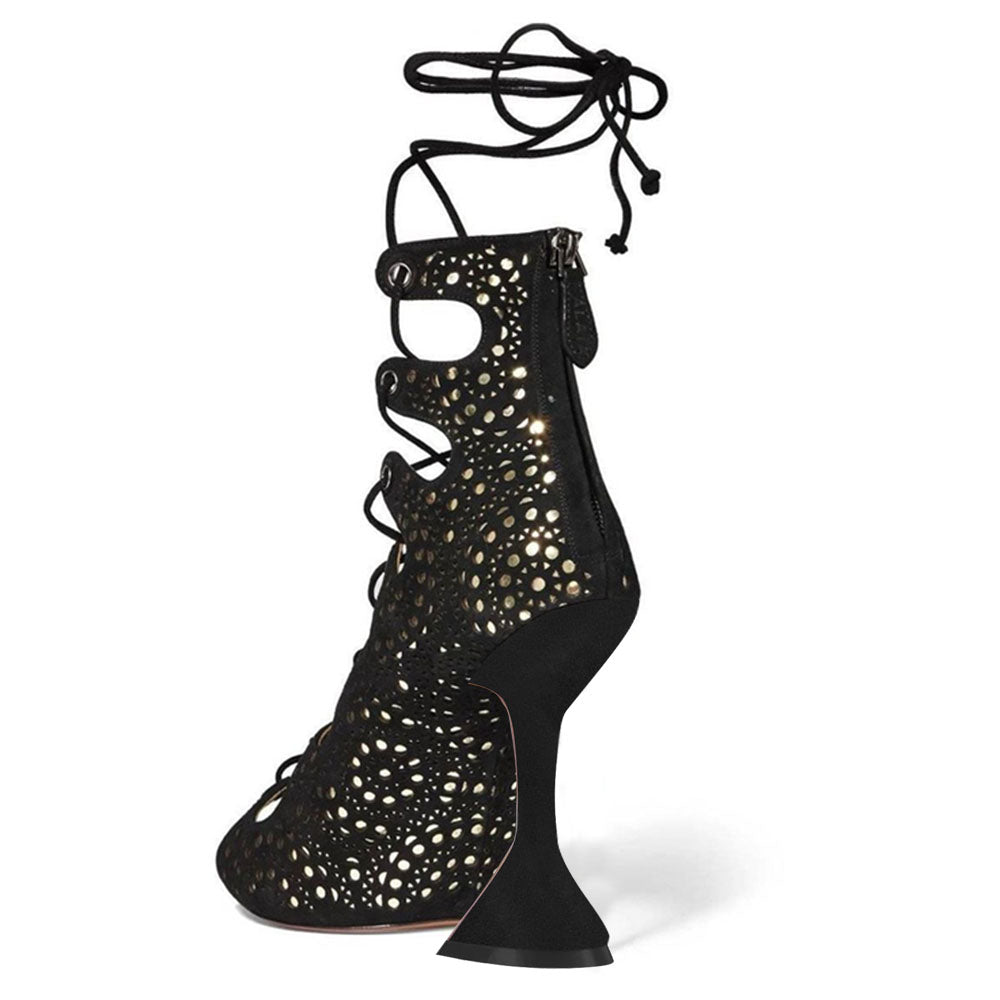 Black Peep Toe 4'' Flared Heel Lace Up Gladiator Ankle Boots