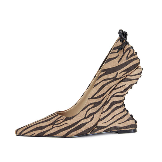 Zebra Print Pointed Toe Back Lace-Up Vegan Suede Wedge Pumps
