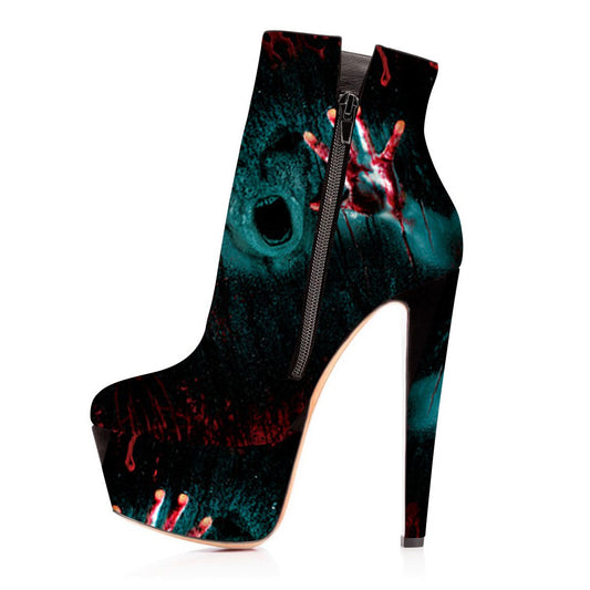 Black Ghost Print High Heel Platform Ankle Boots for Halloween