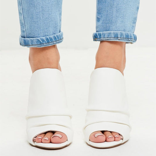 White Pleated Upper Peep Toe Stiletto Heel Mules Sandals