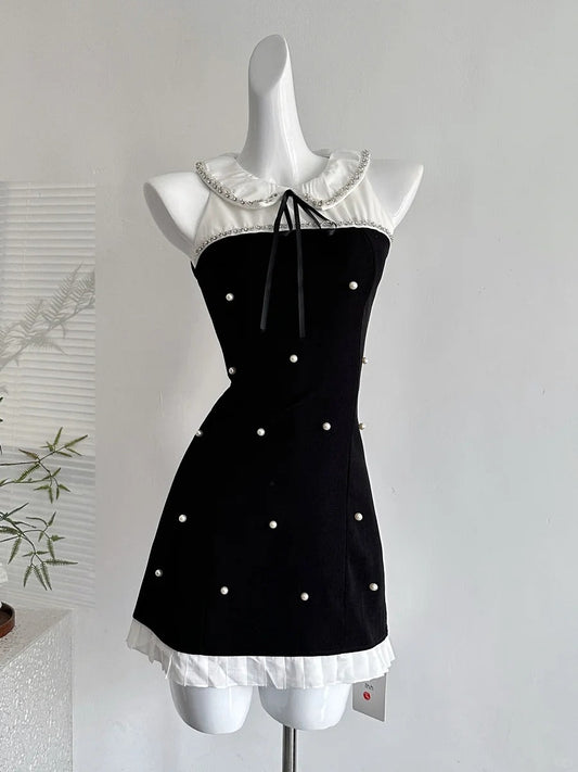 Sweet Black Baby Doll Collar Pearl Satin A-line 17th Birthday Homecoming Dress P3997