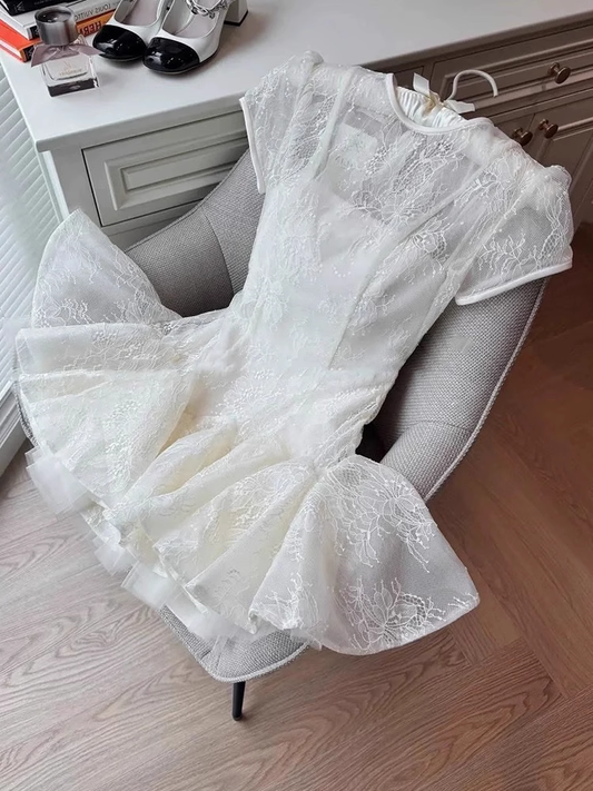 White Applique Design A-line Lace Short-sleeved Party Dress Homecoming Dresses TP3939