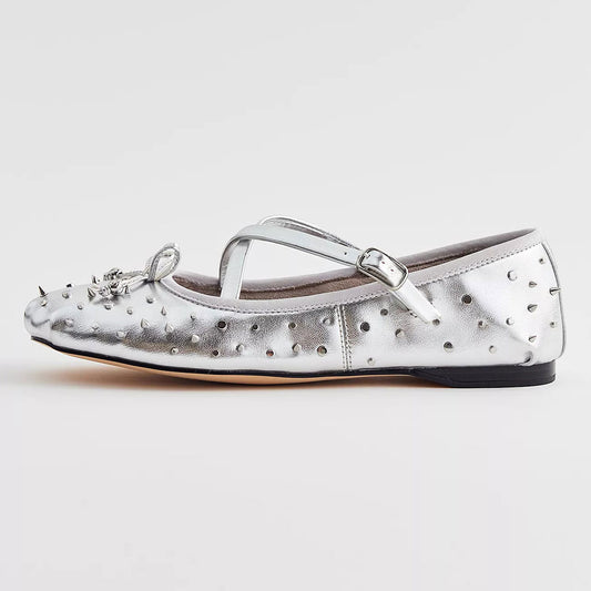 Silver Metallic Round-Toe Studded Bow Ballet Flats with Straps