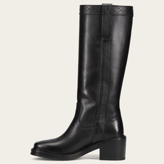 Black Pull-On Square Toe Block Heel Knee High Boots for Women