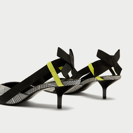 Women's Houndstooth Kitten Heels Pointed Toe Slingback Pumps with Bow