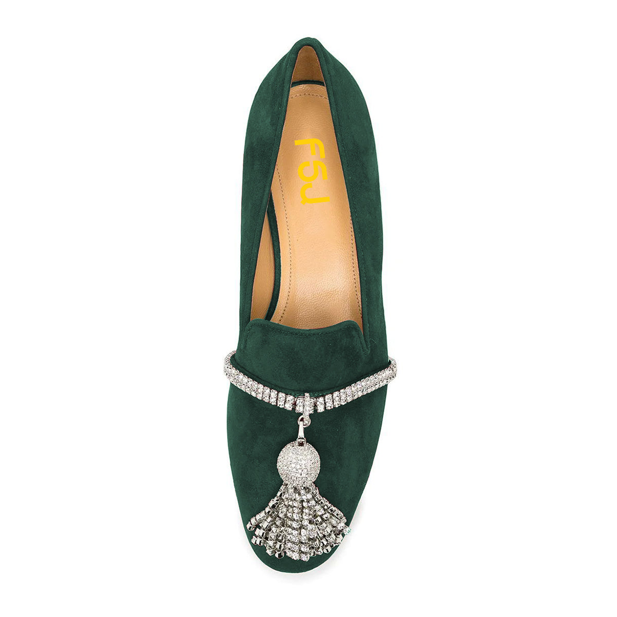 Green Vegan Suede Rhinestone Ornament Flat Loafers for Women
