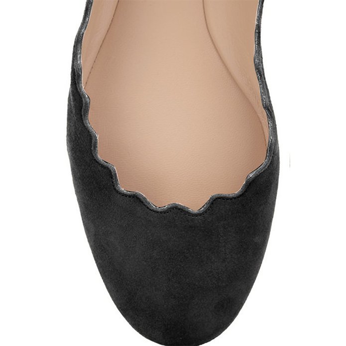 Black Round Toe Stacked Heel Scalloped Ballet Flats for Women