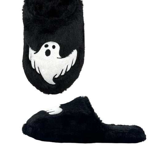 Black Faux Fur Round Toe Ghost Embroidered Winter Mules for Women