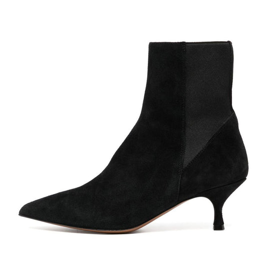 Black Vegan Suede Pull-On Pointed Toe Kitten Heeled Ankle Boots